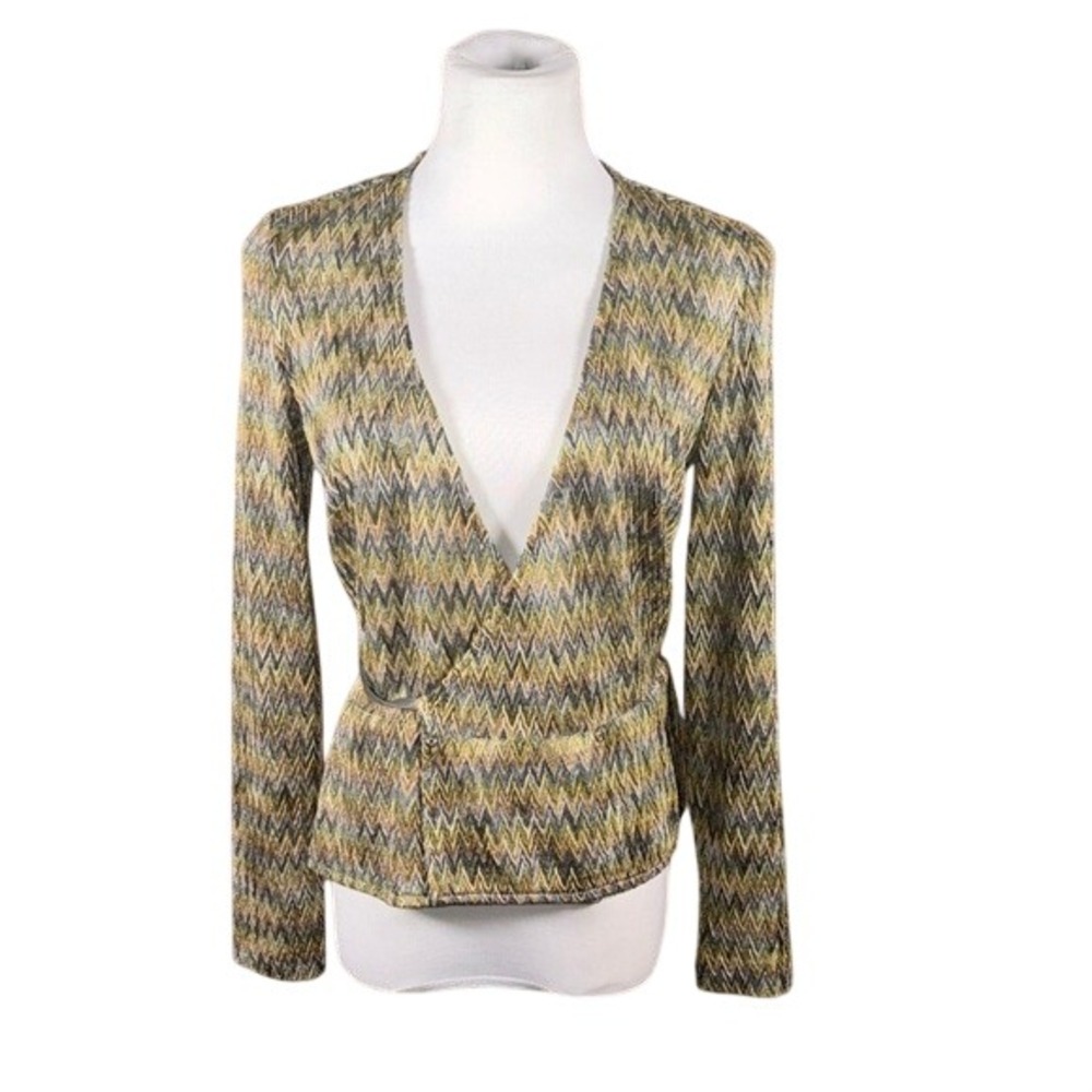 Finity Studio Womens 6 Metallic Chevron Wrap Top Gold Green‎ Zig Zag Long Sleeve